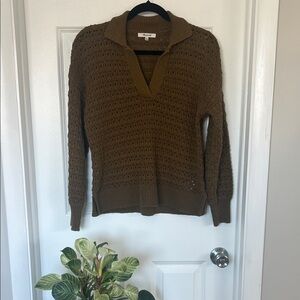 Madewell Olive V-Neck Collared Sweater